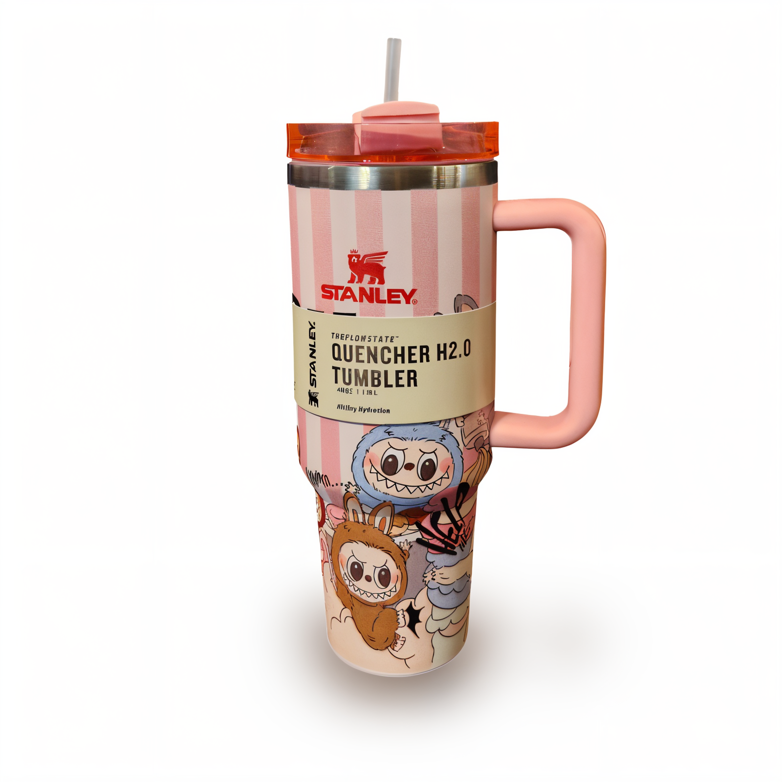 تراول ماگ لبوبو صورتی راه راه STANLEY  STANLEY Labubu Pink Striped Travel Mug 1.18L – Stainless Steel Insulated Tumbler