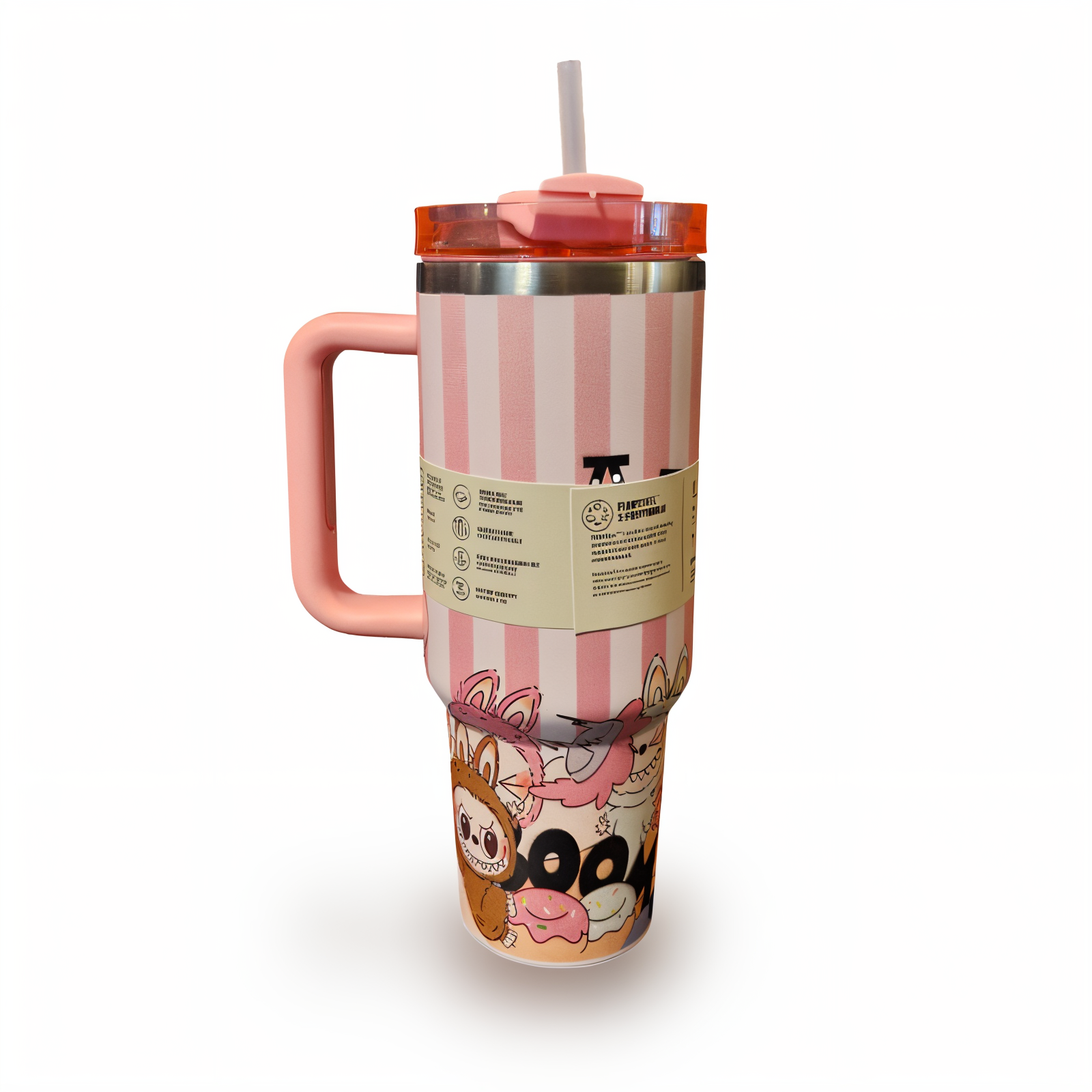 تراول ماگ لبوبو صورتی راه راه STANLEY  STANLEY Labubu Pink Striped Travel Mug 1.18L – Stainless Steel Insulated Tumbler