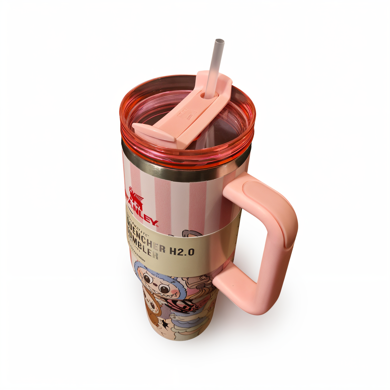 تراول ماگ لبوبو صورتی راه راه STANLEY  STANLEY Labubu Pink Striped Travel Mug 1.18L – Stainless Steel Insulated Tumbler