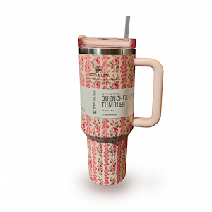 تراول ماگ گل ریز صورتی  کد STANLEY-FL  STANLEY Pink Floral Travel Mug 1.18L – Stainless Steel Insulated Tumbler