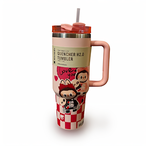 تراول ماگ لبوبو صورتی شطرنجی STANLEY  STANLEY Labubu Pink Checkered Travel Mug 1.18L – Stainless Steel Insulated Tumbler