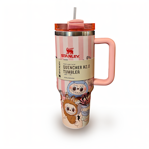 تراول ماگ لبوبو صورتی راه راه STANLEY  STANLEY Labubu Pink Striped Travel Mug 1.18L – Stainless Steel Insulated Tumbler