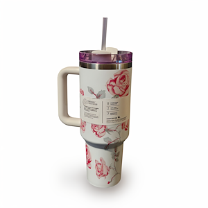 تراول ماگ شاخه گل قرمز  کد STANLEY-FL  STANLEY Red Floral Branch Travel Mug 1.18L – Stainless Steel Insulated Tumbler