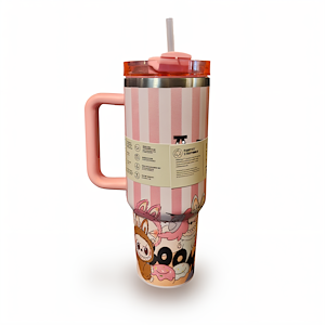 تراول ماگ لبوبو صورتی راه راه STANLEY  STANLEY Labubu Pink Striped Travel Mug 1.18L – Stainless Steel Insulated Tumbler