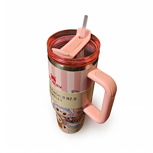 تراول ماگ لبوبو صورتی راه راه STANLEY  STANLEY Labubu Pink Striped Travel Mug 1.18L – Stainless Steel Insulated Tumbler