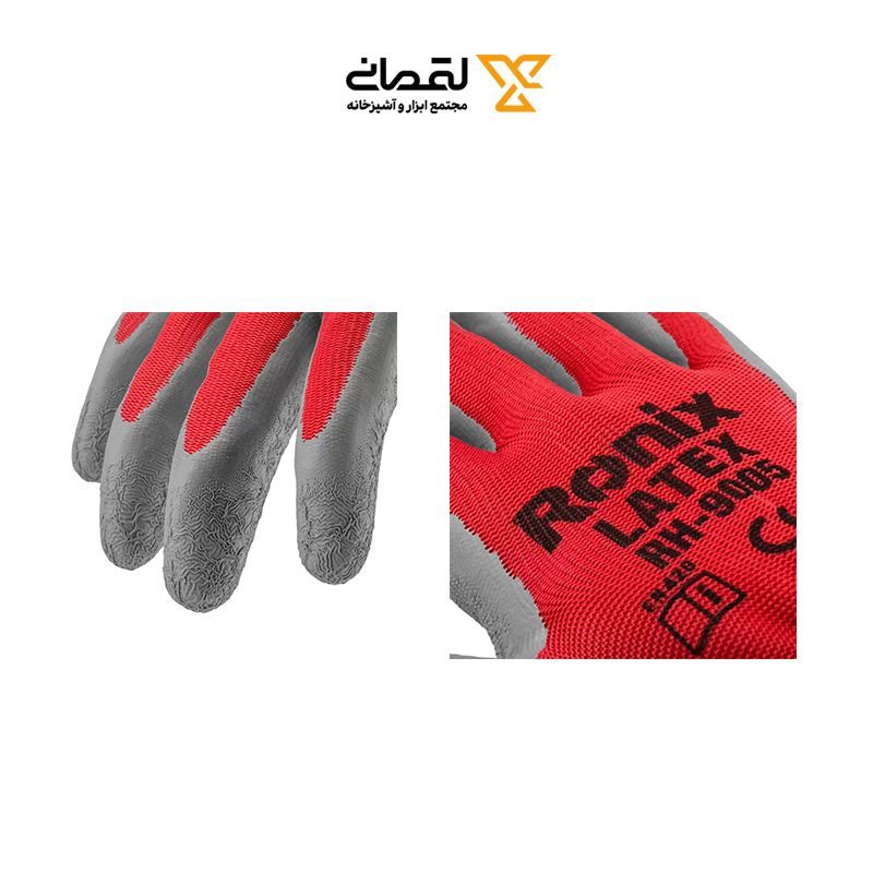 دستکش لاتکس کف مواد طوسی نخ قرمز به همراه تگ سبک مدل RH-9005 رونیکس RONIX 1*G43