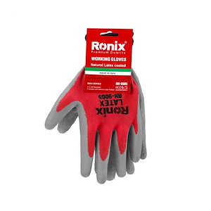 دستکش لاتکس کف مواد طوسی نخ قرمز به همراه تگ سبک مدل RH-9005 رونیکس RONIX 1*G43