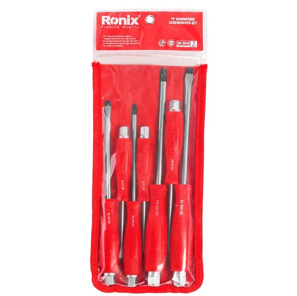 ست پیچ گوشتی ضربه ای کیفی سری 7 عددی دسته پلاستیکی تک رنگ مدل 2910 رونیکس RONIX 