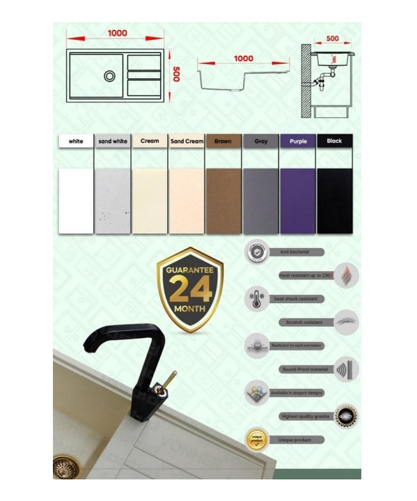 سینک ظرفشویی گرانیتی 444 مشکی تک لگن سینی دار ونهر VONHER 12*F15