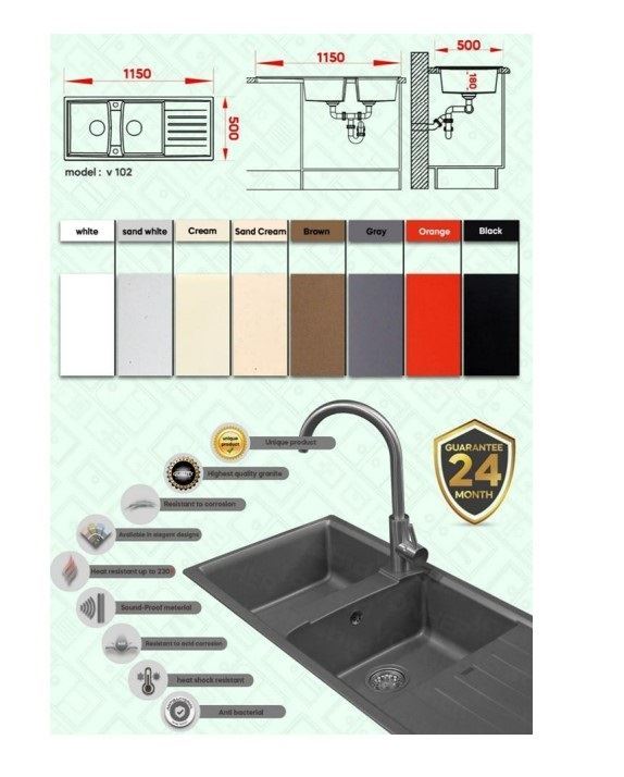 سینک ظرفشویی گرانیتی  102 سفید دو لگن سینی دار ونهر VONHER 12*F15