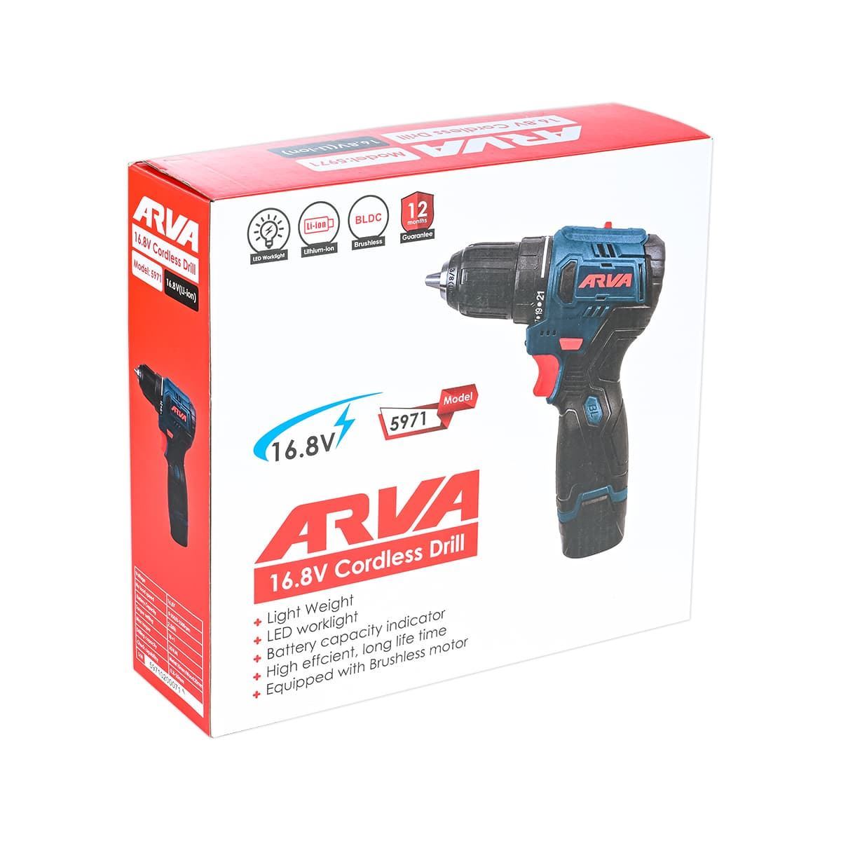 دریل چکشی براشلس 16/8 ولت به همراه دو باطری کد 5971 آروا ARVA 1*M42