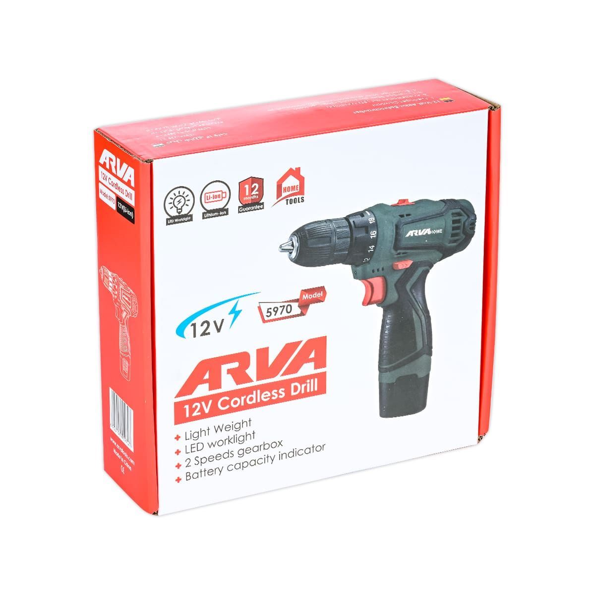 دریل شارژی 12 ولت به همراه دو باطری هوم مدل 5970 آروا ARVA 1*M42
