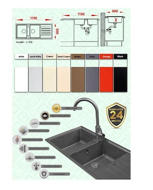 سینک ظرفشویی گرانیتی  102 سفید دو لگن سینی دار ونهر VONHER 12*F15